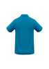 A turquoise crew men's polo shirt with a classic collar and short sleeves, featuring a logo.