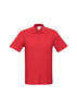 A red short sleeve polo shirt featuring a collar and a logo on the chest.