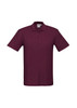 A burgundy polo shirt with a collar and a logo. Short-sleeved and made of lightweight fabric.