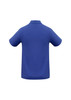 A blue crew men's polo shirt with short sleeves and a classic collar, featuring a logo on the back.
