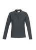 A long sleeve polo shirt in dark grey with a buttoned placket and a logo on the chest.