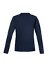 A navy long sleeve polo shirt featuring a back view and a logo on the fabric.