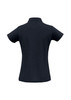 A short-sleeved polo shirt in navy blue with a collar and a logo. The back view showcases its sleek design.