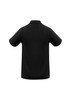 A black polo shirt featuring a collar and short sleeves, with a logo on the back.
