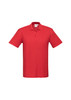 A red men's polo shirt with a collar and short sleeves, featuring a logo on the chest.
