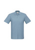 A light blue polo shirt with a collar and three buttons, featuring a logo on the chest area.