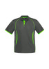 A short sleeve polo shirt in grey with lime green accents and a logo on the chest.