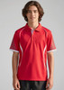 A red short sleeve polo shirt with white accents and a logo on the chest. Suitable for kids.