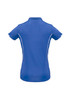 A women's short sleeve polo shirt in blue with white accents and a collar, featuring a logo.