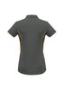 A women's short sleeve polo shirt in grey with orange detailing and a logo. The back view displays a streamlined design.