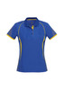 A women's short sleeve polo shirt in vibrant blue with yellow accents and a logo on the chest.