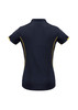 A women's short sleeve polo shirt in navy blue with yellow accents and a logo on the back.