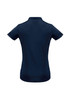 A women's short sleeve polo shirt in navy blue, featuring a back view with subtle design details and a logo.