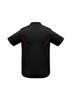 A black polo shirt with short sleeves, featuring red detailing and a logo.