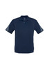 A navy blue short sleeve polo shirt featuring a patterned texture on the sleeves and a logo.