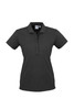 A women's short sleeve polo shirt in dark grey with a buttoned placket and a logo on the chest.