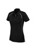 A women's short sleeve polo shirt in black with contrast detailing and a collar, featuring a logo.