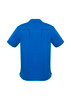 A blue short sleeve polo shirt featuring a logo and stylish back design.