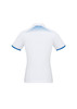 A white women's short sleeve polo shirt with a blue patterned design on the back and blue trim on the sleeves.