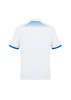 A white short sleeve polo shirt with blue accents and a patterned back design. It features a logo.
