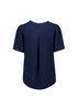 A navy blue women’s short sleeve blouse with a pleated back design and a logo.