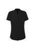 A black women's short sleeve blouse with a collared neckline and a sleek design. It features a logo.