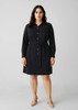 A black dress with long sleeves, button front, and tie waist, featuring two chest pockets.