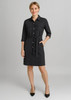 A black shirt dress with a belted waist, button-down front, and two chest pockets displayed on a model.