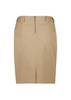 A beige mid-waist stretch chino skirt with a zip closure and belt loops, featuring a simple design and a logo.