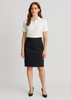 A black mid waist stretch chino skirt with a fitted design, paired with a white shirt and accessorised with a belt.