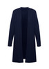 A longline cardigan in navy blue with an open front and long sleeves. It features a logo.