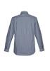 A navy and white check patterned long sleeve button-up shirt with a collar and button cuffs.