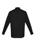 A black long sleeve button-up shirt featuring a standard collar and cuffed sleeves. It has a logo on the back.