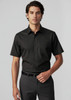 A short-sleeve black button-up shirt on a male model, featuring a chest pocket and a sleek design.