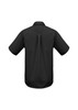 A black men's base short sleeve button-up shirt with a straight hem and a centre back pleat.