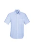 A light blue short sleeve button-up shirt with a chest pocket and a collar. It features a logo on the label.