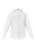 A white long sleeve button-up shirt with a classic collar and a logo on the label.