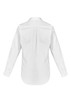 A white long sleeve button-up shirt with a collar and back pleat detail. It features buttons at the cuffs and a logo.