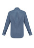 A blue long sleeve button-up shirt with a back yoke and buttoned cuffs, featuring a logo.