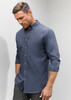 A grey long sleeve button-up shirt with a relaxed collar and a subtle logo.