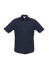 A navy short sleeve button-up shirt featuring two chest pockets and a collar. It includes a branding logo.