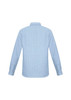 A long sleeve button-up shirt in light blue with a striped pattern and a back view. It features a collar and has a logo.