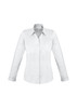 A white women's long sleeve button-up shirt with a collar and a fitted design. It features a logo.