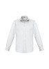 A long sleeve button-up shirt in white featuring a pocket and a logo on the collar.