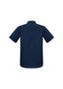 A navy blue short sleeve button-up shirt featuring a back view and a logo on the collar.