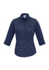 A navy blue women's button-up shirt with 3/4 sleeves and a checkered pattern, featuring a chest pocket.