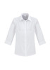A white button-up women's shirt with 3/4 sleeves and a collar, featuring a logo on the chest.