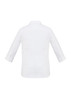 A white women's button-up shirt with a 3/4 sleeve design and a simple back detail. It features a logo.