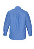 A blue men's chambray long sleeve shirt, featuring a button-up design and a single logo on the back.