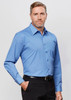 A blue micro check long sleeve button-up shirt with a chest pocket and a logo on the collar.